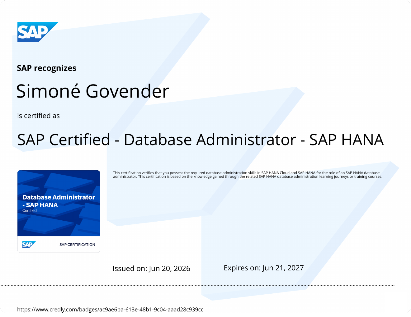 SAP Certified - Database Administrator - SAP HANA certificate preview